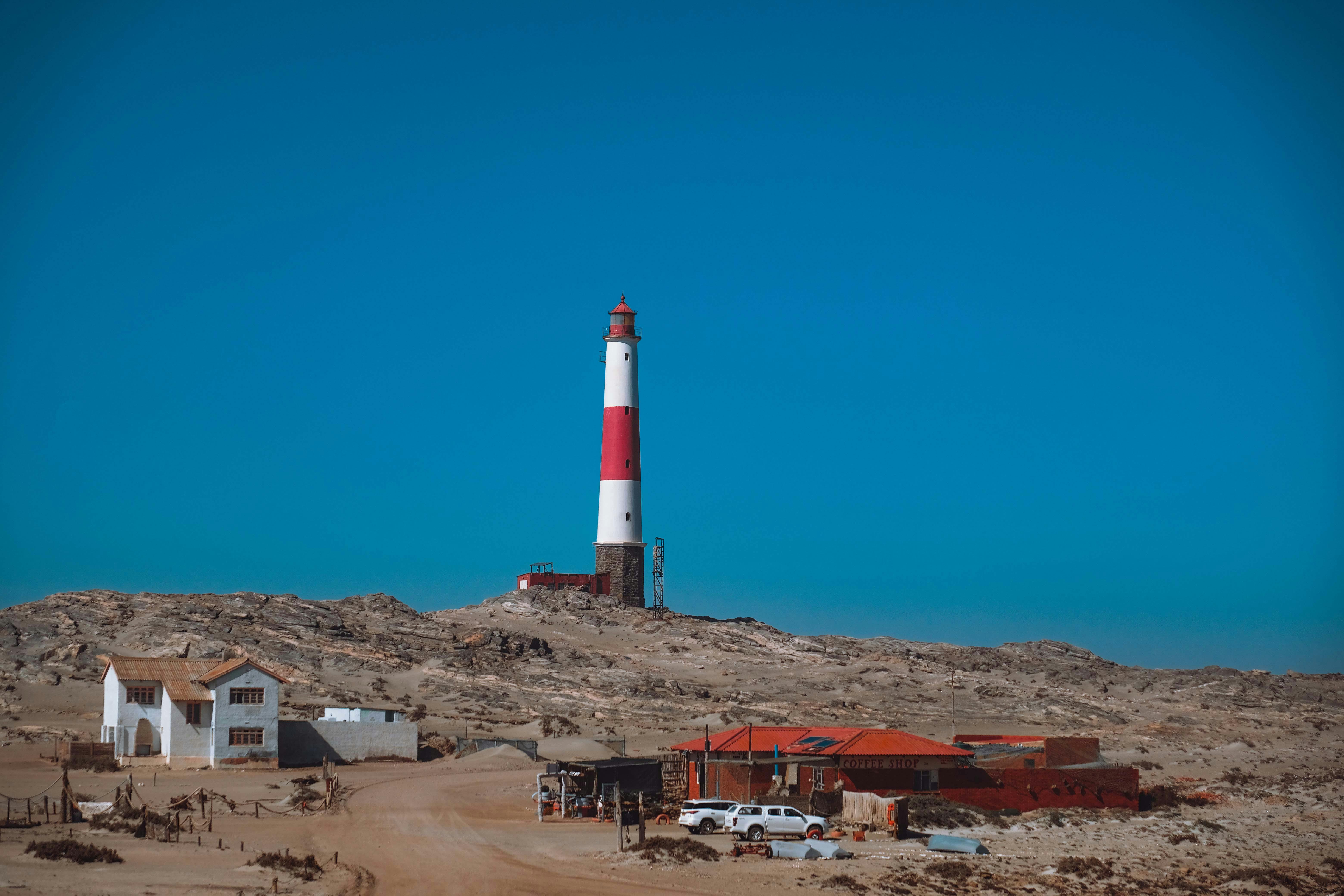 Vibrant red and white lighthouse standing tall on barren landscape under clear blue sky