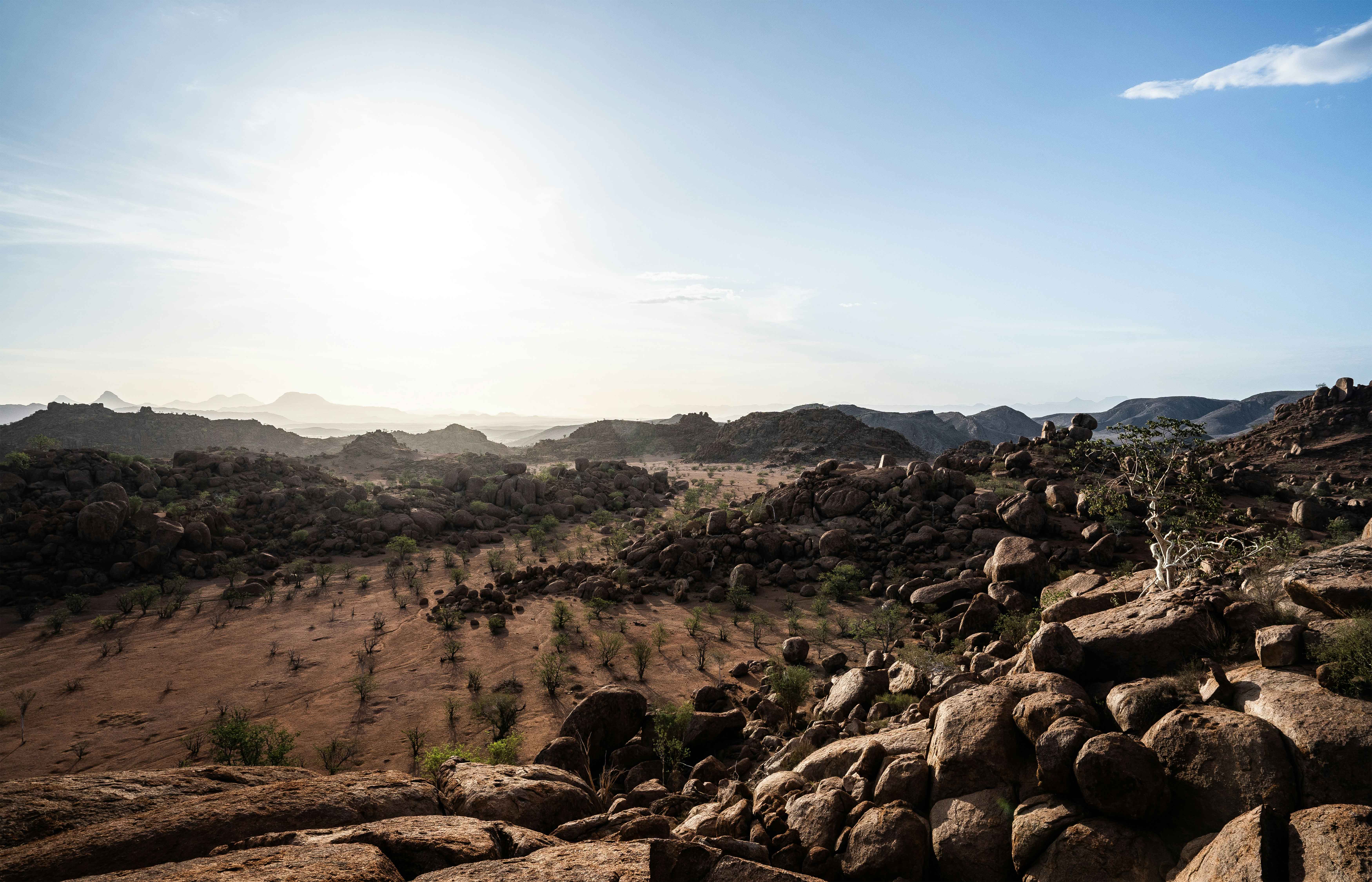 Sunset view over the intense hot & dry February heat of Damaraland, Namibia.
